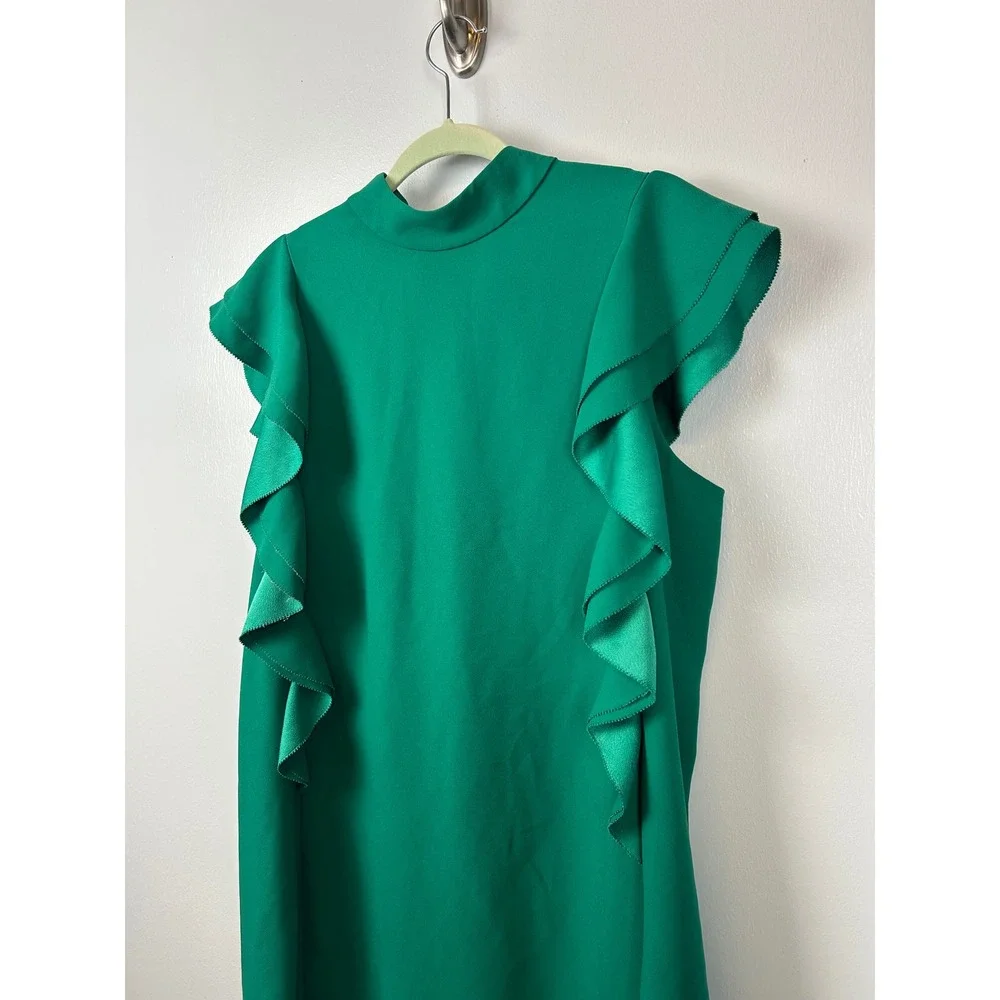 Kate Spade Emerald Green Ruffle‎ Shift Dress Size 14 Satin Crepe Flutter Sleeve